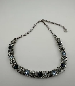 Vintage Silver Tone Blue Rhinestone Coro Signed Flower Necklace 17", H43 - Picture 1 of 7