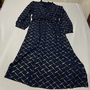 Shein Kleid dunkelblau gold Rüschenausschnitt elastischer Bund mit Gürtel Langarm XL - Bild 1 von 12