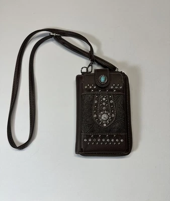 Montana West Floral Embroidered Phone Crossbody Brown Wallet w/ Turquoise Snap - Image 1 of 4