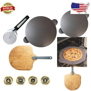 Durable 15-Inch Glazed Cordierite Pizza Stone with Bamboo Peel & Large Cutter - Picture 1 of 9