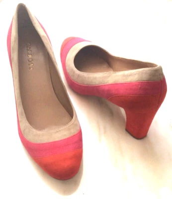 Talbots Naranja Rosa Beige Gamuza Rayas Retro Tacón Bomba Punta Redonda Talla 9.5B Foto 1 de 4
