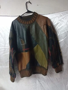 Vintage Saxony Collection Coogi Style Sweater Bill Cosby Knit Leather Medium  - Picture 1 of 6