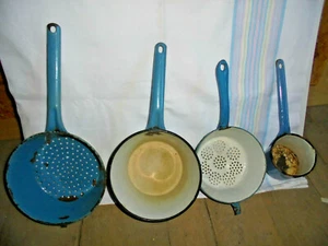 33810 4x Emaille enamel Sieb Topf colander blau weiß white blue strainer - Bild 1 von 6