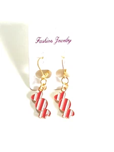 🎄Cute Striped Enamel Christmas Candy Gold Plated Earrings🎄 - Picture 1 of 9