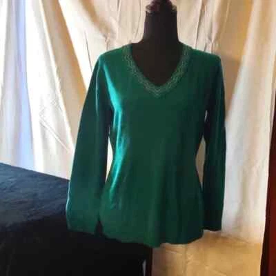 Laura Scott Petite Deep Green V Neck w/ Beading- Sweater - Size Medium Petite - Image 1 of 4