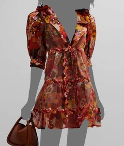 $299 Celia B Woman's Orange Sinai Silk Floral Puff Sleeve Mini Dress Size L - Picture 1 of 3