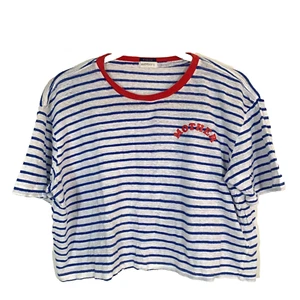 Mother Womens Short Sleeve Linen Top Blue Strip Size S Made In USA - Picture 1 of 7