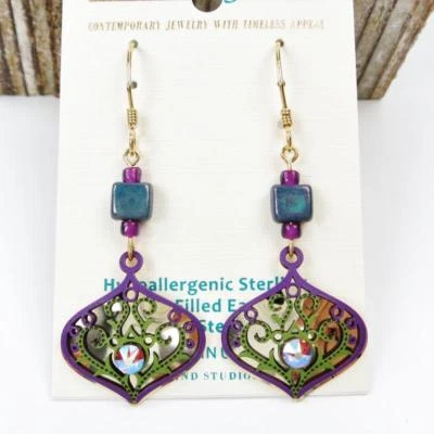 Adajio Earrings Purple and Green Deco Teardrop with Topaz Rhinestone 7842 - Image 1 of 3
