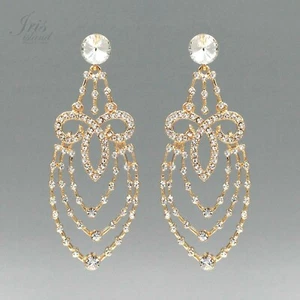Women Gold Plated Clear Crystal Rhinestone Chandelier Drop Dangle Earrings 2589 - Picture 1 of 4