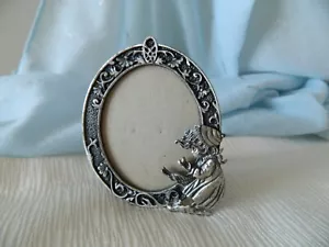 Vintage PEWTER Small Ornate Picture Photo Frame With Girl Figurine Oval Shape - Picture 1 of 7