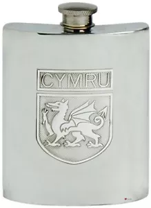Zinn Flachmann 6 Unzen traditionelles walisisches Schild CYMRU Schraubverschluss gravierbarer Rücken - Bild 1 von 2