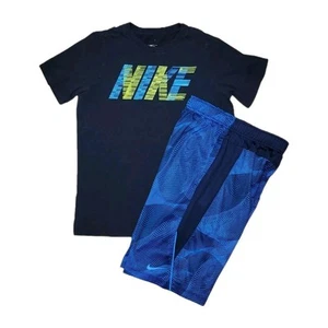 Nike Dri-fit Youth Large Blue Athletic Shorts & Spellout Logo T-shirt Outfit - Picture 1 of 11