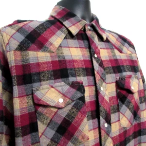 Wrangler Shirt Men L Burgandy Plaid Heavy Flannel 100% Cotton Western Pearl Snap - Picture 1 of 15