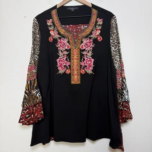 Calessa Damen Tunika Top 2X schwarz bunt bestickt Patchwork Bohemian Flora - Bild 1 von 10