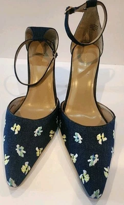 Женские джинсовые туфли-лодочки Ann Taylor на цветочных каблуках с вышитым ремешком на лодыжке размер 9,5 М США - Изображение 1 из 4