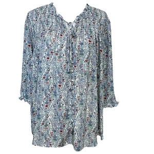 Blusa Rosa y Oliva 2X Botón Frontal Azul Pastel Floral Smocking Volantes Oficina - Imagen 1 de 10