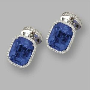 925 Solid Silver Cuff Link Men's Wedding Jewelry Blue Cushion Cut Halo Man Gift