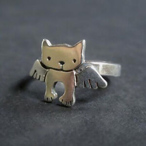 Unique Women Cute Cat With Open Wings Ring Bar Band Party Jewelry Gift Size 5