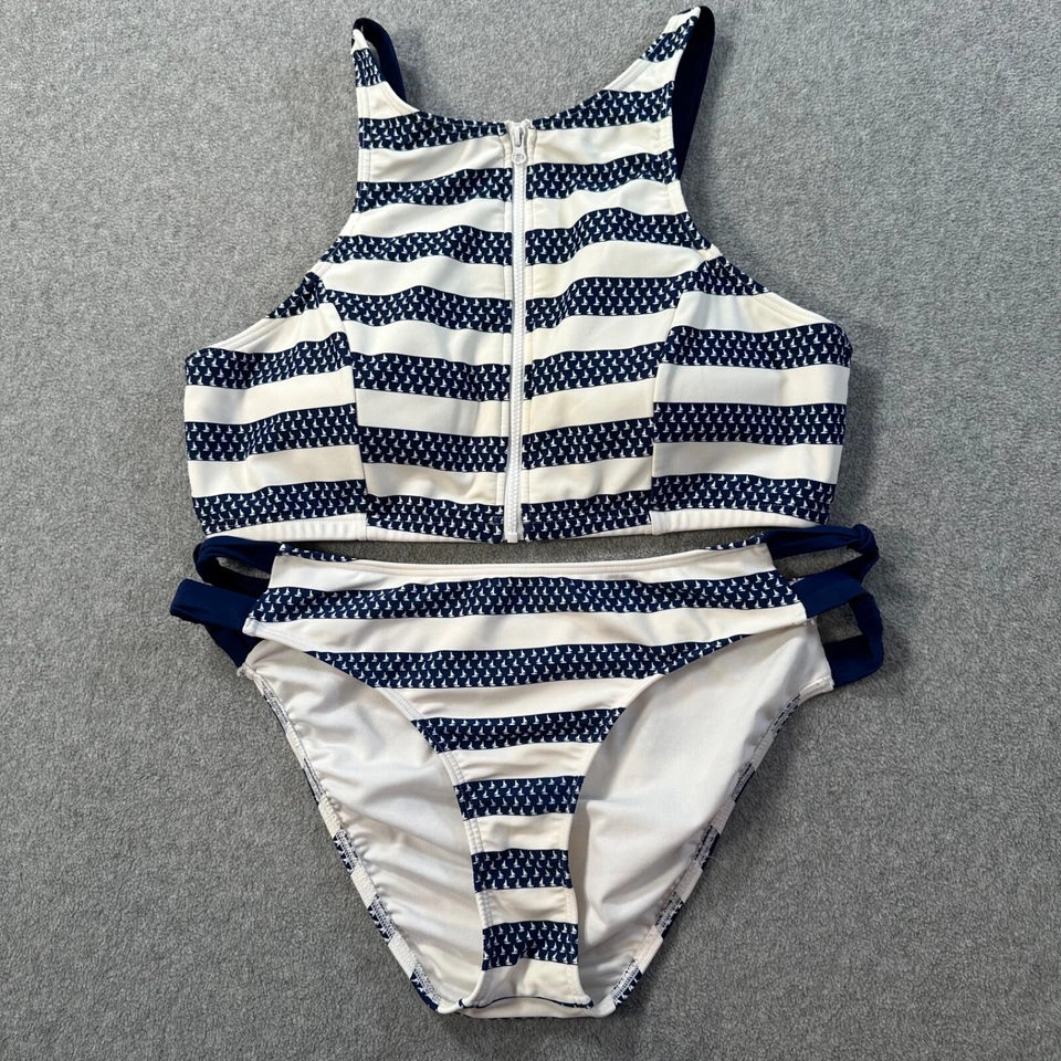 Traje de baño bikini Venus cuello alto cremallera frontal talla 14 azul marino/blanco velero a rayas Foto 1 de 4