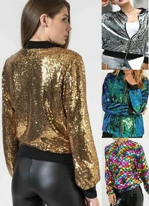 Women Sequin Glitter Bomber Jacket Ladies Biker Festival Clubbing Party Club Top - Picture 1 of 10