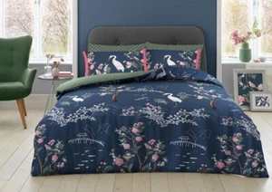 Japanese Garden Duvet Cover Art Deco Quilt Bedding Set Double Navy Blue Green - Picture 1 of 2