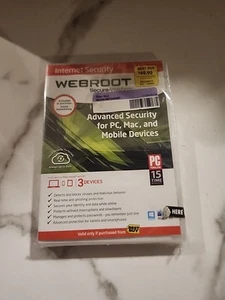 NEW Webroot Secure Anywhere Internet Security 3 Devices PC/MAC/Mobile SEALED - Afbeelding 1 van 12