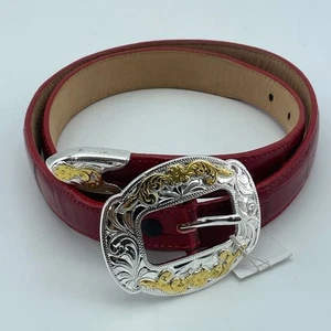 BRIGHTON Red Leather Belt Western Silver Gold Floral Engraved Buckle Sz 28 NEW - Picture 1 of 6