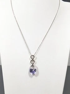 Purple Glass Heart Pendant Rhinestone Silver Tone Ball Chain Necklace 18.5 inch - Picture 1 of 7