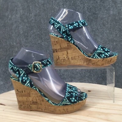 Christian Siriano Sandals Womens 6 Cork Heels Wedge Platform Blue Fabric Buckle - Image 1 of 4