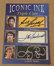 Larry Bird + Bill Russell + John Havlicek - ICONIC INK Triple Cuts Card
