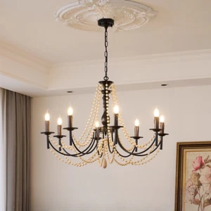Retro Black Candle Chandelier Lamp Wood Beads Hanging Light French Pendant Light - Picture 1 of 7