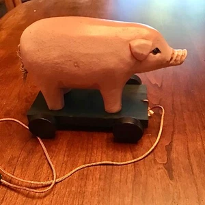 Cute Vintage Pink Carved Wood Pig Pull Toy Country Primitive Cottage - Picture 1 of 6