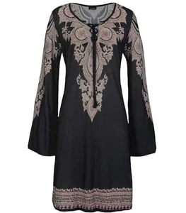 Lascana Kleid Damen Gr. 2 schwarz Kaleidescope Paisley Glockenärmel Schnürung Coverup - Bild 1 von 12