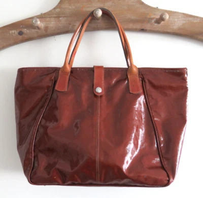 Bolsa de mão Texier ombro grande marrom forrada com patente bolsos com zíper boho francesa - Imagem 1 de 4