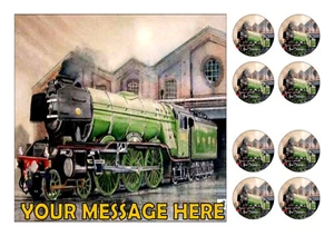 STEAM TRAIN NO 2 SQUARE PERSONALISED EDIBLE ICING 7.5 ins + 8 CUPCAKE TOPPERS - Picture 1 of 1