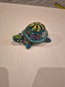 Vintage Volkskunst Terrakotta Keramik Schildkröte Schmuckschatulle handbemalt Festival grün - Bild 1 von 6