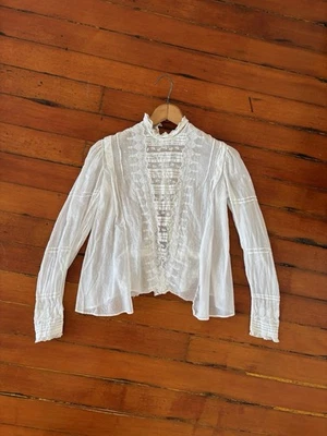 Antiguo corpiño/blusa eduardiana de gasa de algodón blanco transparente bordado de encaje XS S Foto 1 de 4