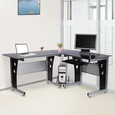 HOMCOM Computertisch Eckschreibtisch PC Tisch Bürotisch mit Sicherheitsglas Büro - Bild 1 von 4