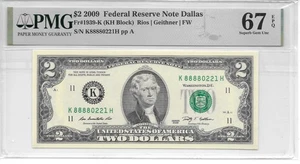 2009 Dallas $2 FRN Lucky Money KH Block PMG 67 EPQ Superb Gem Unc. (K8888xxxxH) - Picture 1 of 8