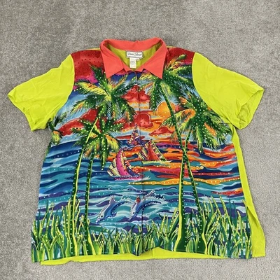 Camisa con botones Diane Gilman para mujer talla 3X lentejuelas hawaiana tropical seda top Foto 1 de 4