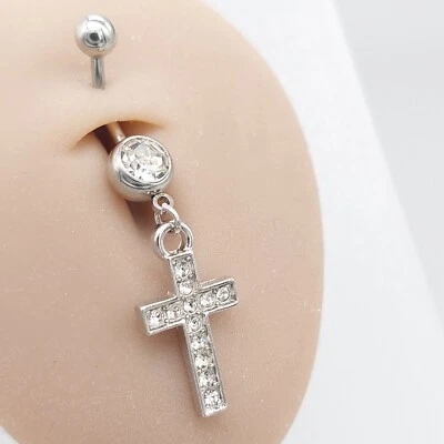 Belly Bars Button Piercing Bar Dangle Navel Body Jewellery Ring Silver Cross - Изображение 1 из 4