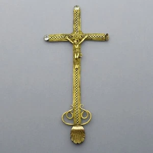 Cruz grande francesa religiosa antigua de latón. Crucifijo chapado en oro. - Imagen 1 de 10