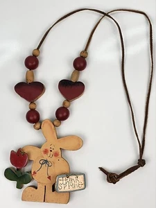 Vintage Easter Rabbit Bunny Necklace Wooden Tole Painted Handmade Country Cute - Picture 1 of 9
