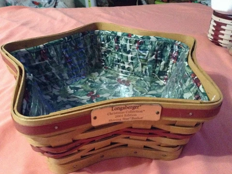 Longaberger 2001 Christmas Red SHINING STAR Basket, Protector, Liner, HOLLY BERR Cover