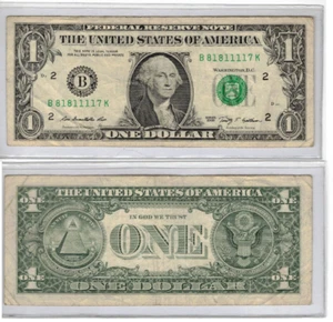 $1 2009 Dollar Bill 81811117 Trinary Four-in-a-row (1's) Five-of-a-kind (1's) - Picture 1 of 1