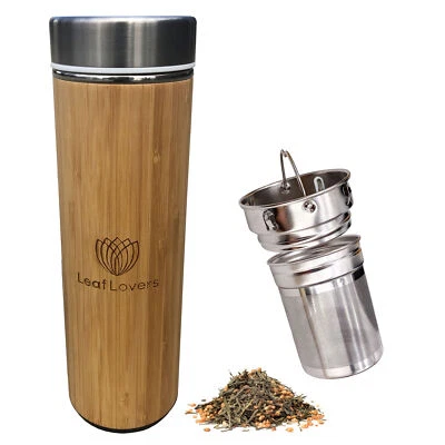 Thermo-Flasche Bambus mit Tee-Sieb Edelstahl Flasche Trinkflasche doppelwandig - Bild 1 von 4