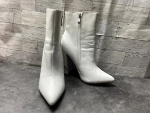 Boohoo Boots Women 6 M Fhahj Shoes White Leather Zipper Block Heeled Comfort - Picture 1 of 19