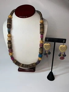 Collar grande bohemio grueso madera coco corazón pendientes verde rosa vintage - Imagen 1 de 11