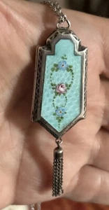 Antique Art Deco Sterling Silver Guilloche Enamel Photo Locket Pendant necklace - Picture 1 of 13