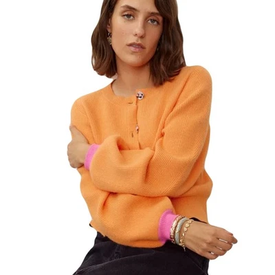 NWOT OLIVER BONAS Cardigan Sweater 8 Orange Pink-Cuff Balloon-Slv Rib Brown-Btns - Image 1 of 4